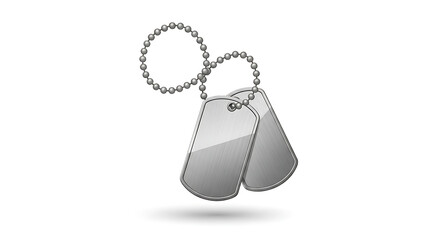 Fototapeta premium Pair of shiny metal dog tags on a beaded chain against a white background with a shadow