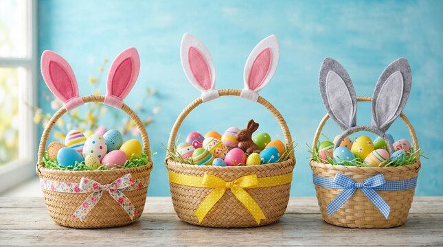 Three pastel Easter baskets with bunny ears filled with decorated eggs and green grass, rabbit figurine nearby, &ldquo;Happy Easter&rdquo; sign in front, festive background of garland, blue wall, and sunlit windo