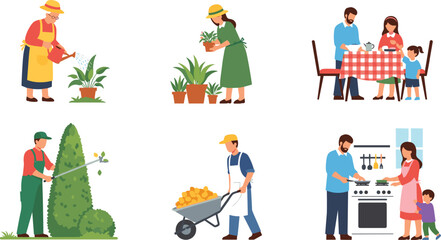Naklejka premium Family Household and Gardening Vector Illustration Set Featuring Grandmother Watering Plants, Couple Cooking, Landscaping, and Dinner Time for Domestic Life Designs