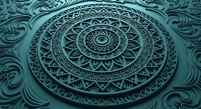 A teal mandala design with intricate patterns