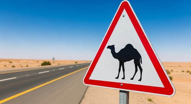 Camel crossing warning sign with clear blue sky and desert landscape in background. Road sign emphasizes caution for drivers encountering camels on highway. Ideal for road safety awareness campaigns.