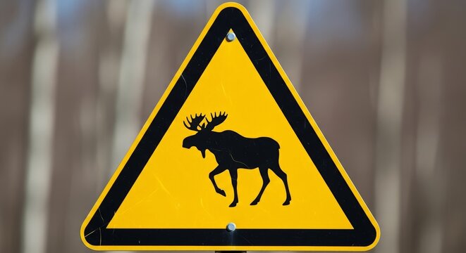 Moose crossing sign warning drivers to be cautious of wildlife on roads, yellow triangular sign depicting moose walking.