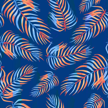 Palm leaves seamless tropical pattern on blue background
