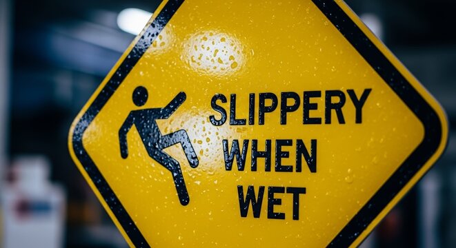 Caution sign for slippery when wet area displayed in a public space warning pedestrians of potential hazards. This slippery when wet sign emphasizes safety for individuals in wet conditions.