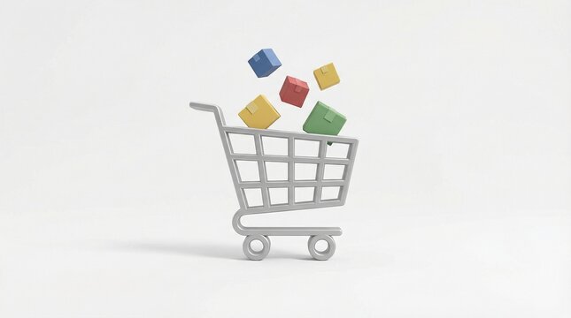 A shopping cart with colorful cubes floating above it on a white background