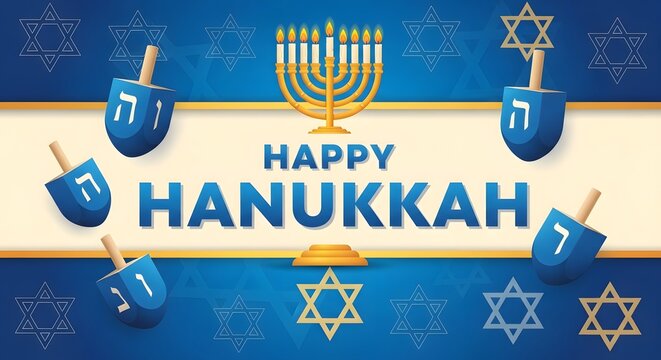 Happy hanukkah celebration with dreidels and menorah