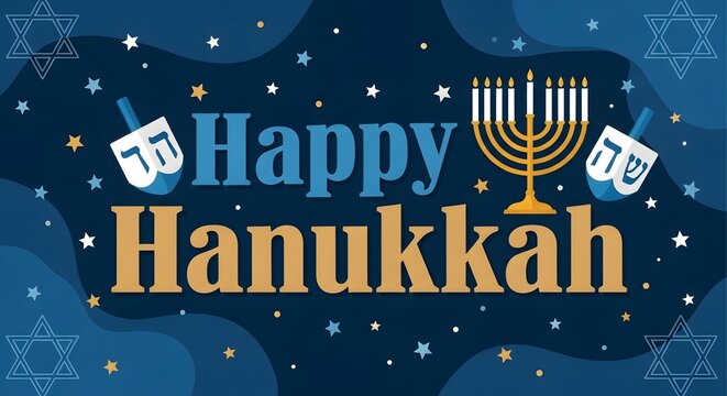 Happy hanukkah celebration with menorah and dreidels