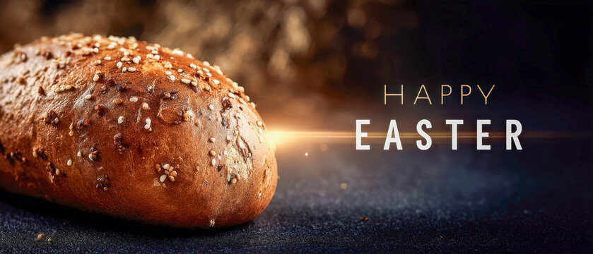 Rustic Easter buns and glowing paska against dark forest, warm horizon light mood