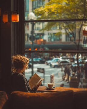 Woman reading a book near large cafe window with soft morning light in cozy city setting