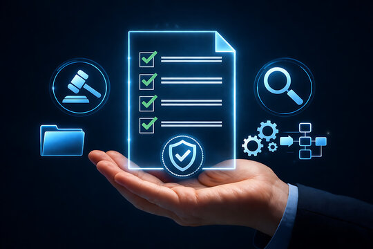Businessman holding glowing checklist document with security icons isolated on transparent background