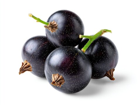 Four dark purple blackcurrants are stacked, with visible stems, on a white background