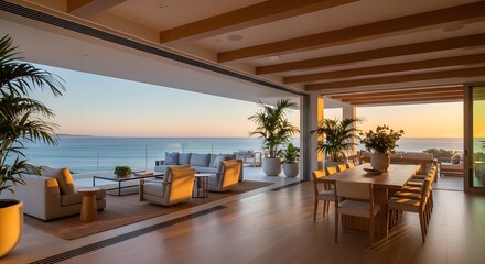 Fototapeta premium Modern, luxury home showcase living room open to ocean view