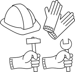 Fototapeta premium Construction Safety Equipment and Hand Tools Vector Line Art Set - Hard Hat, Gloves, Hammer, and Wrench Illustration