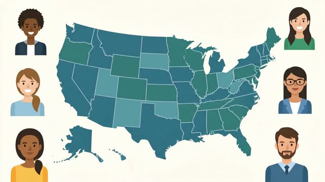 United States Map with Diverse People.