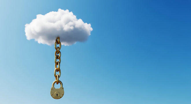 Golden padlock and chain securing a white cloud in blue sky, symbolizing robust cloud data security, digital protection, and secure online storage solutions