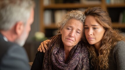 Fototapeta premium Grieving Family Member Meets Estate Attorney to Discuss Inherited Assets and Probate Documents in a Warm Office Setting