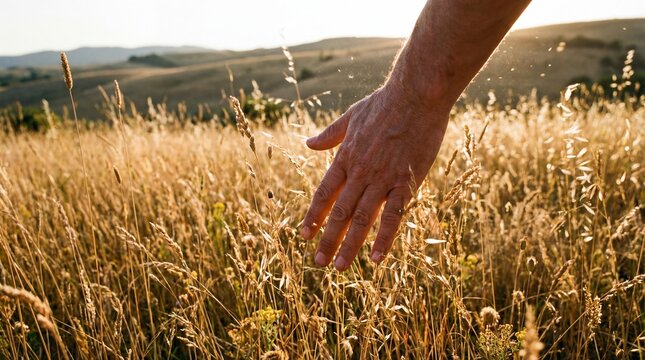 Close Up of a Man's Hand Brushing Through Tall Golden Summer Grass in a Sunlit Rural Meadow