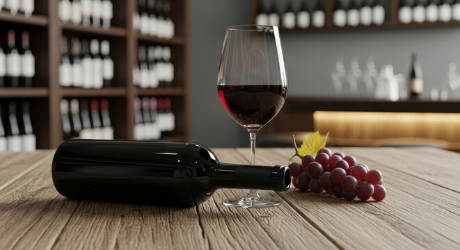 A close-up of a glass of red wine next to a bottle and a bunch of grapes on a wooden table in a wine cellar with shelves of wine bottles.