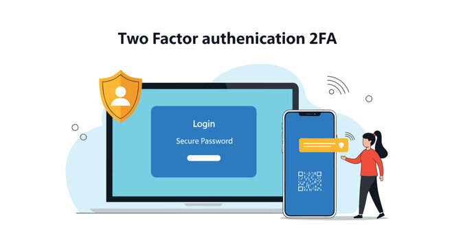 Two factor authentication and security login concept with a laptop computer and a mobile phone showing a QR code.