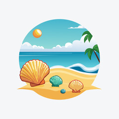 Obraz premium Tropical Beach Scene with Seashells and Palm Trees.