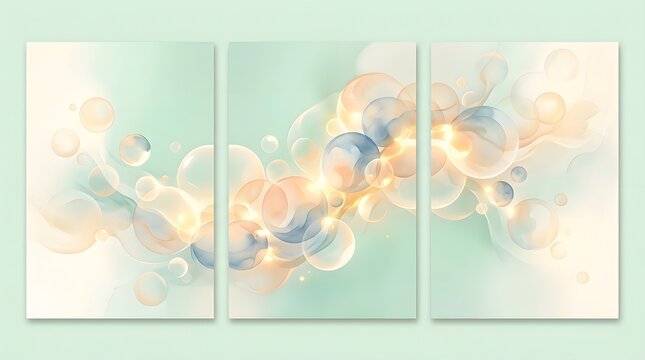 A triptych art piece featuring pastel-colored bubbles on a soft green background
