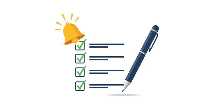 Task reminder and organization concept with a vertical checklist, green checkmarks, a blue pen, and a ringing bell.