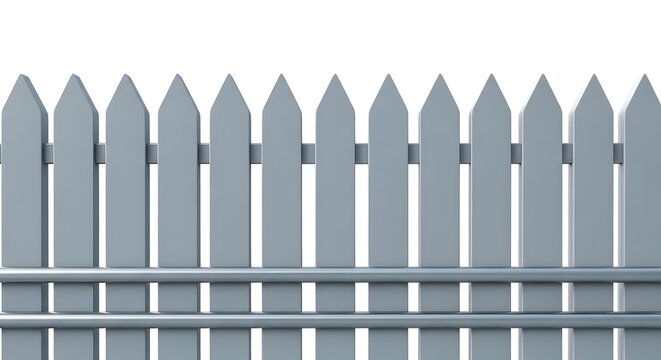 A gray picket fence with pointed tips against a white background