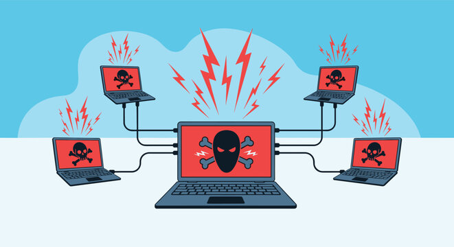 Botnet and distributed denial of service (DDoS) attack concept with a network of computers showing skull icons.