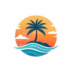 Obraz premium Tropical island sunset scene with palm tree and ocean waves.