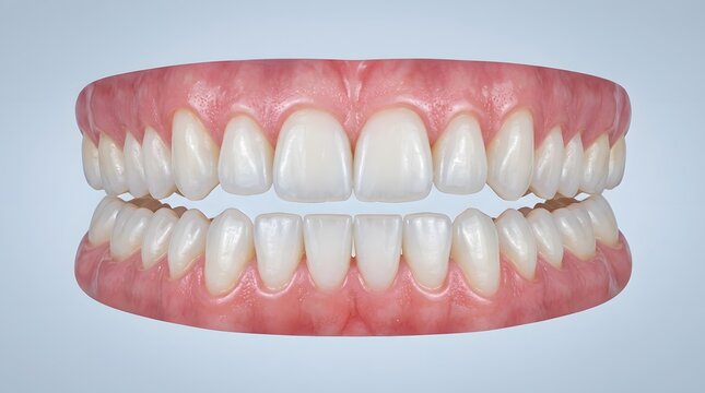 A set of realistic dentures with white teeth and pink gums on a plain background
