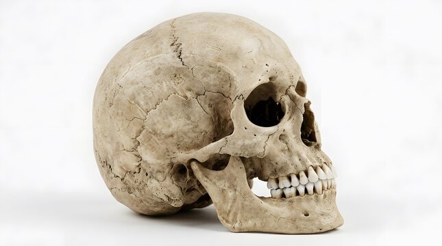 A human skull is displayed on a white background in a studio setting