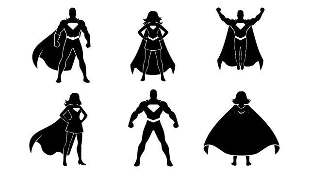 Superhero silhouette collection with 6 male and female hero figures, black comic book character icons, brave heroic poses with capes and costumes