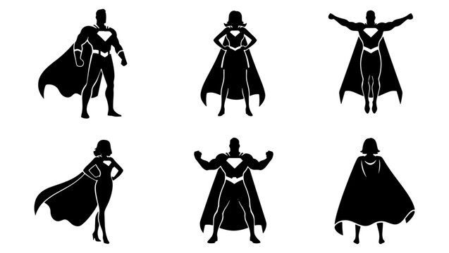 Superhero silhouette collection, set of 6 heroic male and female characters in capes, powerful comic book figures in action poses, black vector icons