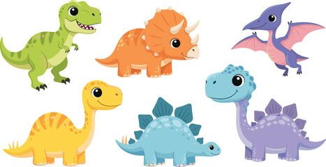 Cartoon Dinosaur Characters - Cute and Colorful Dinosaur Vector Set © Shahanaj