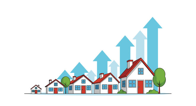 Housing development and real estate expansion concept showing a row of houses growing in size with upward arrows.