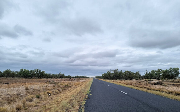 Road leading into the distance in the Australian Outback under a grey cloudy sky. Near Lightning Ridge New South Wales