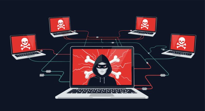 Network of laptops infected by a virus with red skull screens controlled by a hacker character on the main screen.