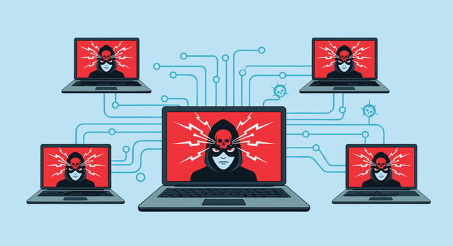 Interconnected laptops showing malicious hacker icons on red screens representing a large scale cyber security threat.
