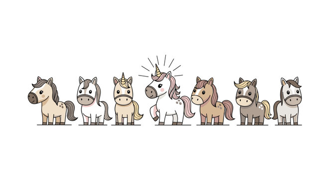 Group of cute cartoon horses with one colorful unicorn in the center symbolizing uniqueness and individuality.
