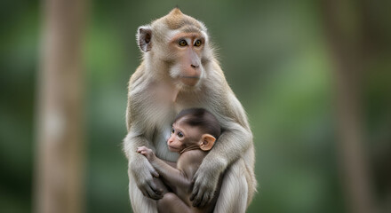 Fototapeta premium Mother Monkey Holding Her Baby Safely Loving Ape Family in the Green Forest Tender Monkey Parenting Moment