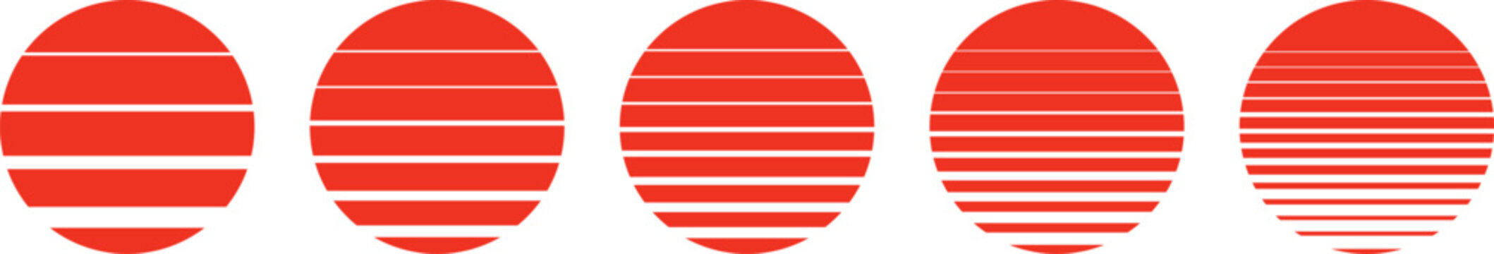 Vintage Retro Sun Circle Vector Set, 80s and 90s Style Sunset Sunrise Icons