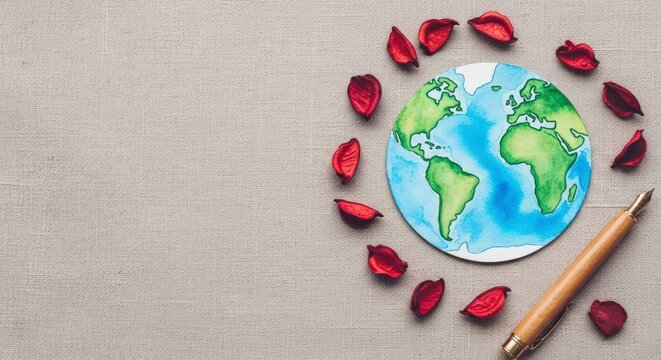 Earth Globe with Pencil and Petals.
