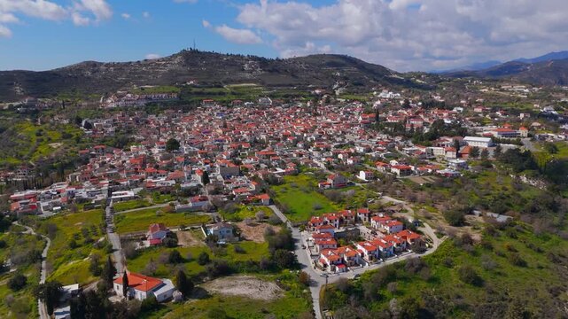 Aerial Pull Back and Elevation Reveal of Pano Lefkara Village in Cyprus Mountains