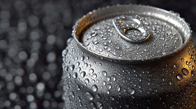 A close-up of a wet soda can with water droplets on a dark background