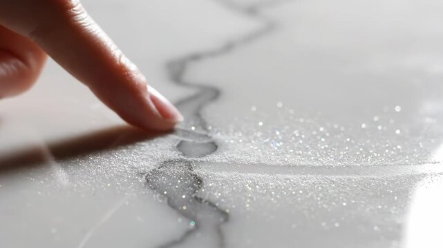 Human fingertips gently gliding over sparkling white marble surface video for interior blogs, luxury design, ASMR content, product presentation