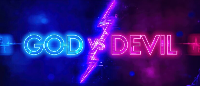 Glowing neon 'GOD vs DEVIL' text split by lightning