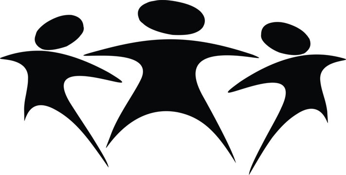 Abstract black silhouette group of three people jumping together, team unity, community support, success, cooperation, friendship, diversity, active lifestyle