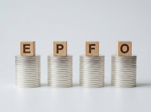 minimal epfo concept with silver coin stacks and wooden cubes isolated on clean background