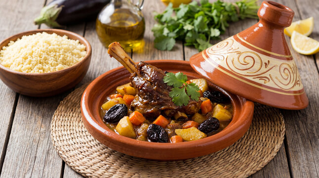 Traditional moroccan lamb tagine with prunes, carrots, and potatoes served with couscous on a rustic wooden table