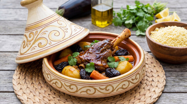 Traditional moroccan lamb tagine with prunes, carrots, and potatoes served in a decorative ceramic pot with couscous on a rustic wooden table